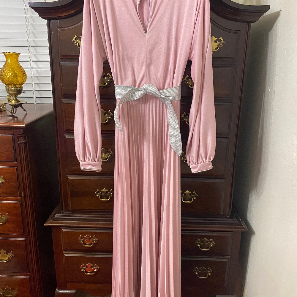 1970s maxi dress, dusty rose silky polyester